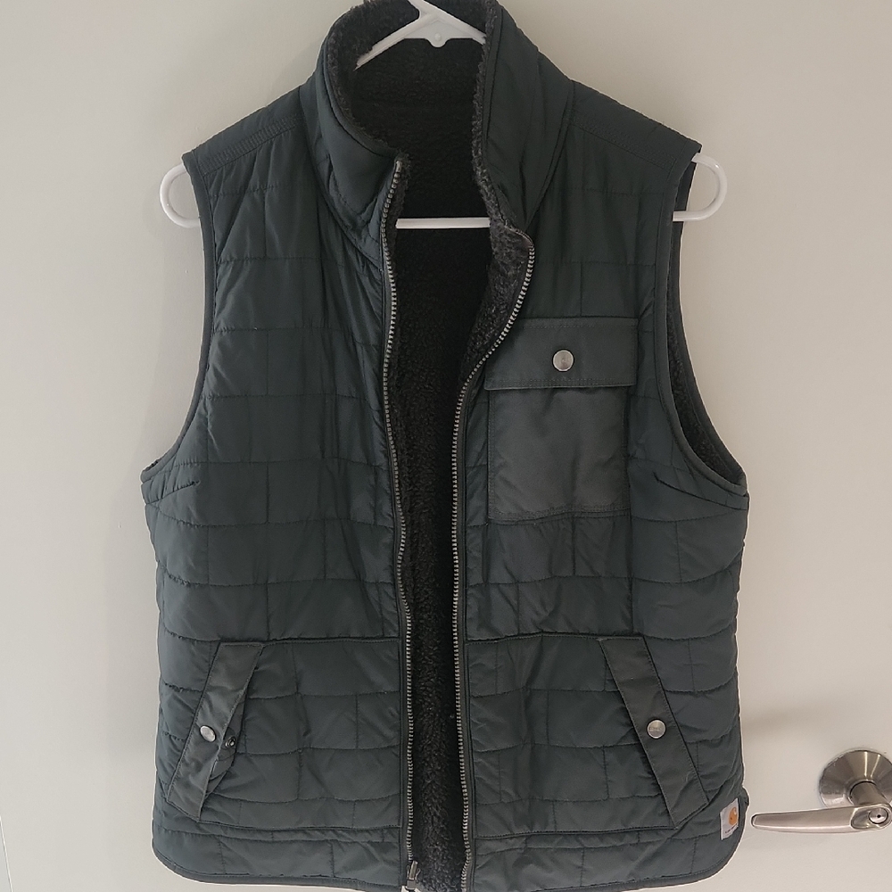 Carhartt Dark Green (Looks More Black) Quilted Vest with High Collar. Reversible